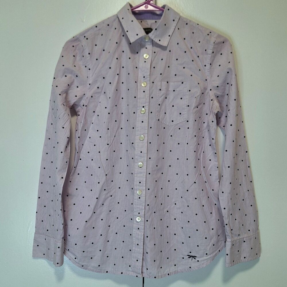 Talbots Women Size 2 Purple White Striped Polka Dot Button Down Shirt